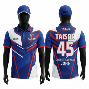Premium 160 GSM Polyester Interlock Men <b>Cricket</b> Jersey Blue <b>White</b> Red Panel Design Custom Logo - Product Image 1