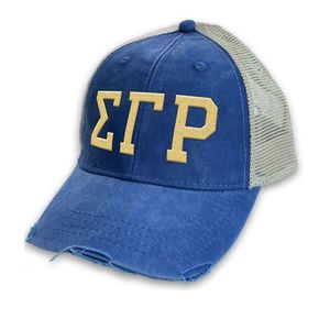 หมวกแก๊ป Sigma Gamma Rho แบบ Distressed สีน้ำเงินรอยัล ปักอักษรชมรมกรีก  หมวกตาข่ายสำหรับผู้หญิง ปรับขนาดได้ สไตล์ลำลอง สำหรับวิทยาลัย - Product Image 2