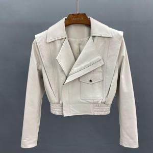 Button Closure <b>Leather</b> <b>Jacket</b> Women Best Selling Latest Style Solid Pattern Autumn Season Wholesale Raw Biker Style Genuine - Product Image 2