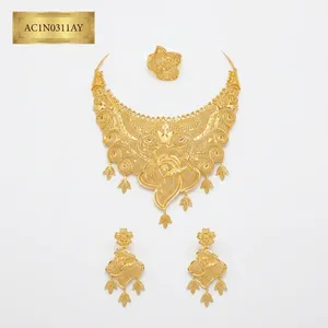 Classic Flower Design Gold Plated Brass Jewelry Set for Women-<b>Charm</b> Necklace with Box Chain Fashion - Product Image 2