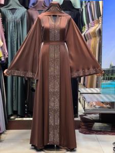 2026 New Brown Long Sleeve Floor Length Polyester Breathable Abaya Women's Modest Dress Rhinestone Embroidery Middle East Style - Product Image 1