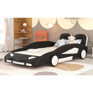 Letto a piattaforma nero a forma di auto da corsa con ruote, per bambini - Product Image 4