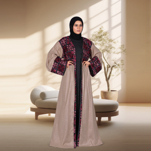 Abaya ample ouverte sur le devant en lin brodé, à motifs unis traditionnels, élégante et modeste, longueur ras du sol, pour l'Aïd et le Ramadan, de créateur - Product Image 5