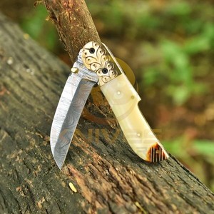 Custom Damascus Steel Folding Hunting <b>Knife</b> Natural <b>Bone</b> <b>Handle</b> Leather Sheath Outdoor Camping Pocket EDC <b>Knife</b> - Product Image 3