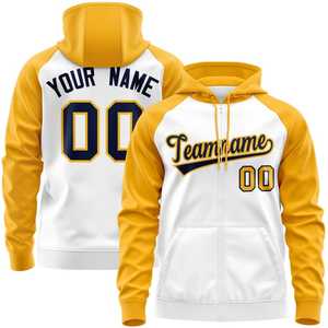 Sweat à capuche raglan blanc et jaune pour homme, en molleton bouclette, avec poches, personnalisable avec nom, numéro et logo d'équipe sur le devant, coupe-vent, décontracté, automne - Product Image 1