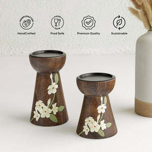 Ensemble de supports à bougies en bois faits à la main, forme conique, imprimé floral, décoration d'intérieur - Product Image 3