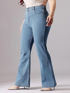 Sexy Mid-Waist Wide-Leg <b>Boot</b> Cut Knee Length Women's Jeans Stretch Denim - Product Image 3