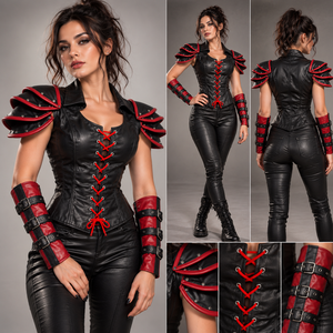 Women Punk PU <b>Leather</b> Embroidered Sleeveless Corset Crop Top Epaulet Shoulder Pads Autumn Stage Performance Costume Clubwear - Product Image 5