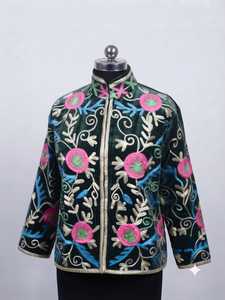 Veste d'hiver en velours vert foncé Suzani, douce, 100% coton, broderie florale, vêtement ethnique, inspiration traditionnelle haut de gamme - Product Image 3