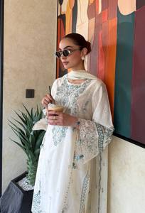 <b>White</b> Embroidered Lace Salwar Kameez <b>2</b>-<b>Piece</b> Long <b>Set</b> for Women Casual Wear Wedding Party - Product Image 3