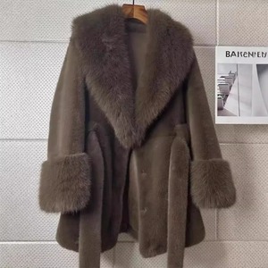 Abrigo de Piel Sintética Ecológico para Mujer, Estilo Casual, Largo Medio, Manga Larga, Color Sólido, Grueso y Cálido para Invierno, con Cinturón y Ribete de Piel - Product Image 4