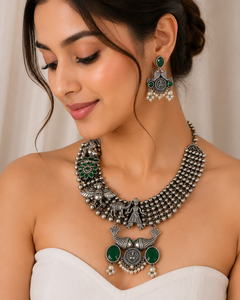 En gros, Ensemble collier et boucles d'oreilles pendantes en alliage de laiton argenté oxydé, plaqué or antique, avec zircon, style bohème tendance pour les amoureux, pour anniversaire - Product Image 5