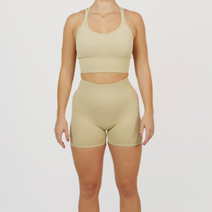 Nuevo conjunto de top deportivo y pantalones cortos de yoga sin costuras con logo personalizado para mujer, de alta elasticidad, para entrenamiento deportivo y fitness. - Product Image 1