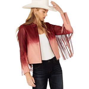 Chaqueta de cuero de cordero ombre para mujer, color borgoña y rosa, con efecto degradado, mangas con flecos, cremallera, estilo moto, de cuero genuino, abrigo de piel de cordero auténtica - Product Image 3