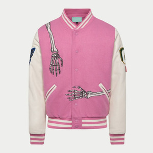 Chaqueta Bomber Varsity con Estampado de Esqueleto Rosa, Tendencia 2025, Unisex, Estilo Urbano, con Botones a Presión y Parche de Mariposa - Product Image 4