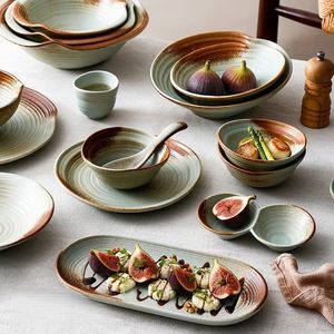 Natural yellowish clay coloured unique threaded line pattern multiple styles from Kiln transformation BPA-free <b>dinnerware</b> <b>set</b> - Product Image 3