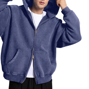Wholesale Custom Acid Wash <b>Mens</b> Hoodie 100% Cotton Full Zipper Hooded <b>Sweatshirt</b> Soft Lightweight Casual Streetwear Factory OEM - Product Image 3