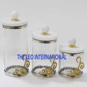 <b>Set</b> of Three Different Size Sweets Box Exclusive Quality Metal And Glass Dessert Sweets <b>Jar</b> With Marble Lid - Product Image 3