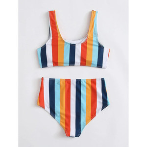 Ensemble de bikini rayé, haut bandeau, bas taille haute, maillot de bain pour femme, imprimé numérique, Spandex Polyester - Product Image 6