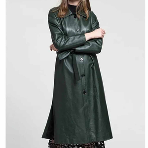Gabardina Midi Verde de Cuero Genuino, Transpirable y Resistente al Viento, con Cinturón y Ribete de Encaje, Estilo Minimalista, Ropa Exterior Unisex de Invierno - Product Image 4