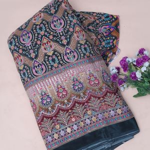 Tela de crepé ligera negra carbón con bordado floral de 54 pulgadas, diseño de borde Daman, para Kurti, Anarkali, Gown, Salwar - Product Image 4