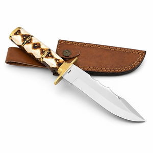 Couteau Bowie Rambo en acier Damas fait main de qualité supérieure, avec garde en laiton, manche en bois et cor, et fourreau en cuir, pour l'extérieur - Product Image 1