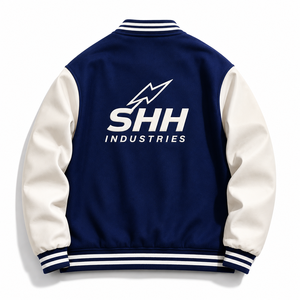 Premium Navy Cream Letterman <b>Bomber</b> with Contrast Sleeves Embroidered Chest Logo Striped Rib Trim Snap Front Unisex College - Product Image 2