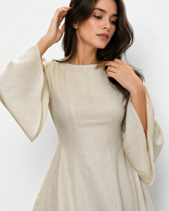 Robe Courte Bohème Simple en Lin/Coton à Manches Longues, Coupe Trapèze, Taille Naturelle, Volants, Couleur Unie, Élégante, Dos Nu Torsadé pour l'Été - Product Image 5