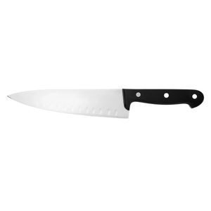 Couteaux de cuisine à manche noir et bord creux, avec lame argentée à fossettes, trois rivets métalliques et pointe affûtée pour trancher les aliments et cuisiner - Product Image 1