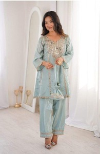 Exclusive Silk Ho Fabric Mirror <b>Lace</b> Kurti Set Bell Sleeves V Neck Cotton Inner Pant <b>Elastic</b> Waist Batwa Ethnic Wear Women's - Product Image 1