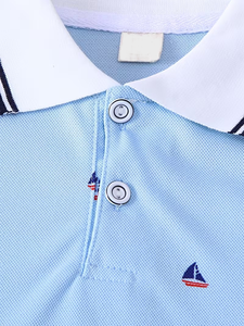 Light Blue Printed Short Sleeve Polo Shirt with Navy Trim for Kids Casual Eco-Friendly Breathable School Uniform Look - Product Image 5