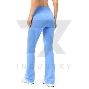 High Waisted <b>Flared</b> Leg Yoga <b>Leggings</b> Solid Color Seamless Full Length Women's Fitness Wear Blue Spandex Nylon Material - Product Image 2