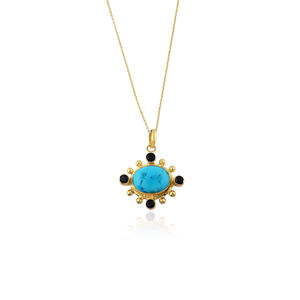 Collier audacieux hypoallergénique en turquoise bleue et quartz noir CZ, pendentif statement en pierres naturelles, bijoux pour femme, idéal pour les soirées - Product Image 1