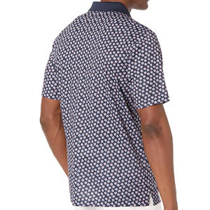 Men's Navy <b>Blue</b> Short Sleeve Knitted <b>Polo</b> <b>Shirt</b> With Floral Print Button Down Casual Regular Fit Breathable Polyester - Product Image 2