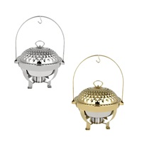 Chafing Dish Bulat Mewah Berbahan Baja Anti Karat Warna Emas dengan Tutup Kubah Gantung, Penghangat Makanan Buffet untuk Hotel & Katering.