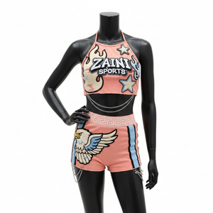 Premium Polyester Spandex <b>Stretch</b> Knit Women Bikini Set Peach Panel <b>Shorts</b> Custom Embroidery Logo women for Bikini Set - Product Image 6