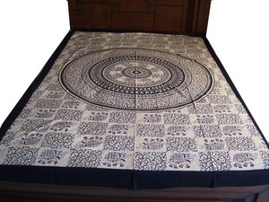 Colcha de Algodón con Mandala de Elefantes en Blanco y Negro, Tapicería Étnica con Estampado a Bloques, Cubrecama Doble, Estilo Bohemio Tradicional Indio - Product Image 4