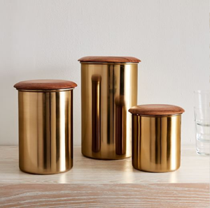 Sleek Contemporary Three-Piece Glossy Metallic Gold Food <b>Canisters</b> Premium Wood Tops Moisture-Proof Freshness Pantry - Product Image 1
