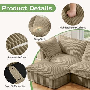 Divano a 2 Posti in Corduroy con Rivestimento Rimovibile, Oversize, per Soggiorno, con 2 Pouf, per Home Theater, Opzione Divano Letto - Product Image 4