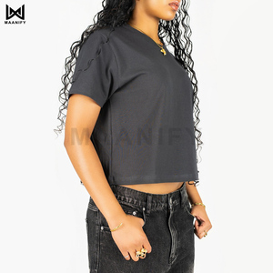 เสื้อยืดสีเทาขายดี รุ่นหนาพิเศษสำหรับผู้หญิง ทรงครอปท็อป สกรีนโลโก้ได้ คอริบหนา เสื้อเปล่าสไตล์สตรีทแวร์ ผ้าฝ้าย แบรนด์ MAANIFY - Product Image 2