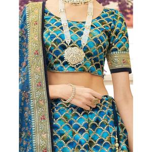 Astonishing Blue <b>Sequins</b> Work <b>Art</b> Silk Sangeet Wear Lehenga Choli - Product Image 3