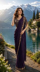 Ensemble indien pakistanais brodé violet, chemisier en dentelle, dupatta, robe traditionnelle pour mariage et fête - Product Image 1