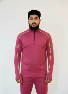 Camiseta Deportiva de Manga Larga con Media Cremallera Rosa para Hombre, con Costuras en Contraste, de Secado Rápido, Corte Regular, para Todas las Temporadas - Product Image 6