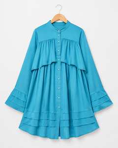 Vestido Azul con Volantes en Capas, Manga Larga, Corte en A, Botones al Frente, Vestido para Mujer para Uso Diario - Product Image 1