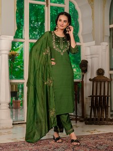 Women's Green Marina <b>Silk</b> Embroidered Quick Dry <b>Kurta</b> Set Floral Dupatta Regular Fit Traditional Indian Pakistani Floor-Length - Product Image 3