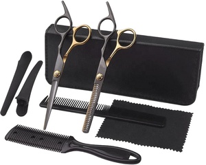 Ensemble de ciseaux de coupe et d'amincissement de cheveux de barbier Ciseaux noirs et dorés à bord tranchant en acier inoxydable japonais fabriqués au Pakistan - Product Image 1