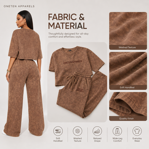Ensemble sportif pour femme avec logo personnalisé, délavé à l'acide, couleur marron mocha, comprenant un haut court et un pantalon large, pour un usage quotidien décontracté, séchage rapide - Product Image 6