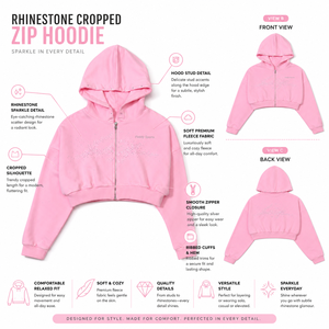 Custom Logo Women's Pink Rhinestone <b>Zip</b> <b>Up</b> <b>Cropped</b> Hoodie Y2K Streetwear Long Sleeve Loose Fleece Short Sweatshirt Wholesale - Product Image 5