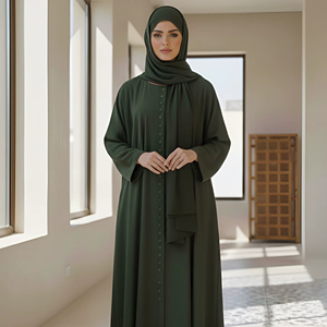 Abaya en coton respirant, longue, à manches longues, col rond, coupe ample évasée, tenue décontractée pour les fêtes, motifs variés - Product Image 1