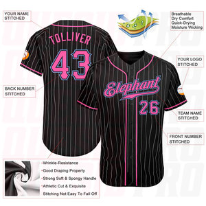 Camiseta de Béisbol Auténtica Personalizada con Rayas Blancas y Negras y Detalles en Rosa y Azul Claro, Sublimación Personalizada - Product Image 4